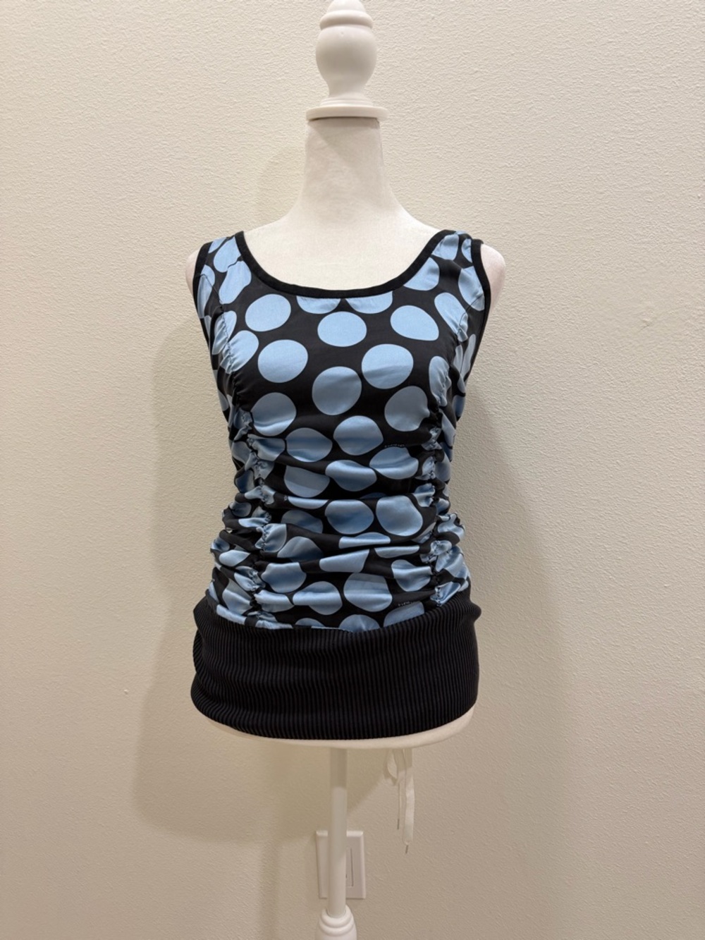 Y2K Bebe Sleeveless Black Top with Light Blue Polka Dots